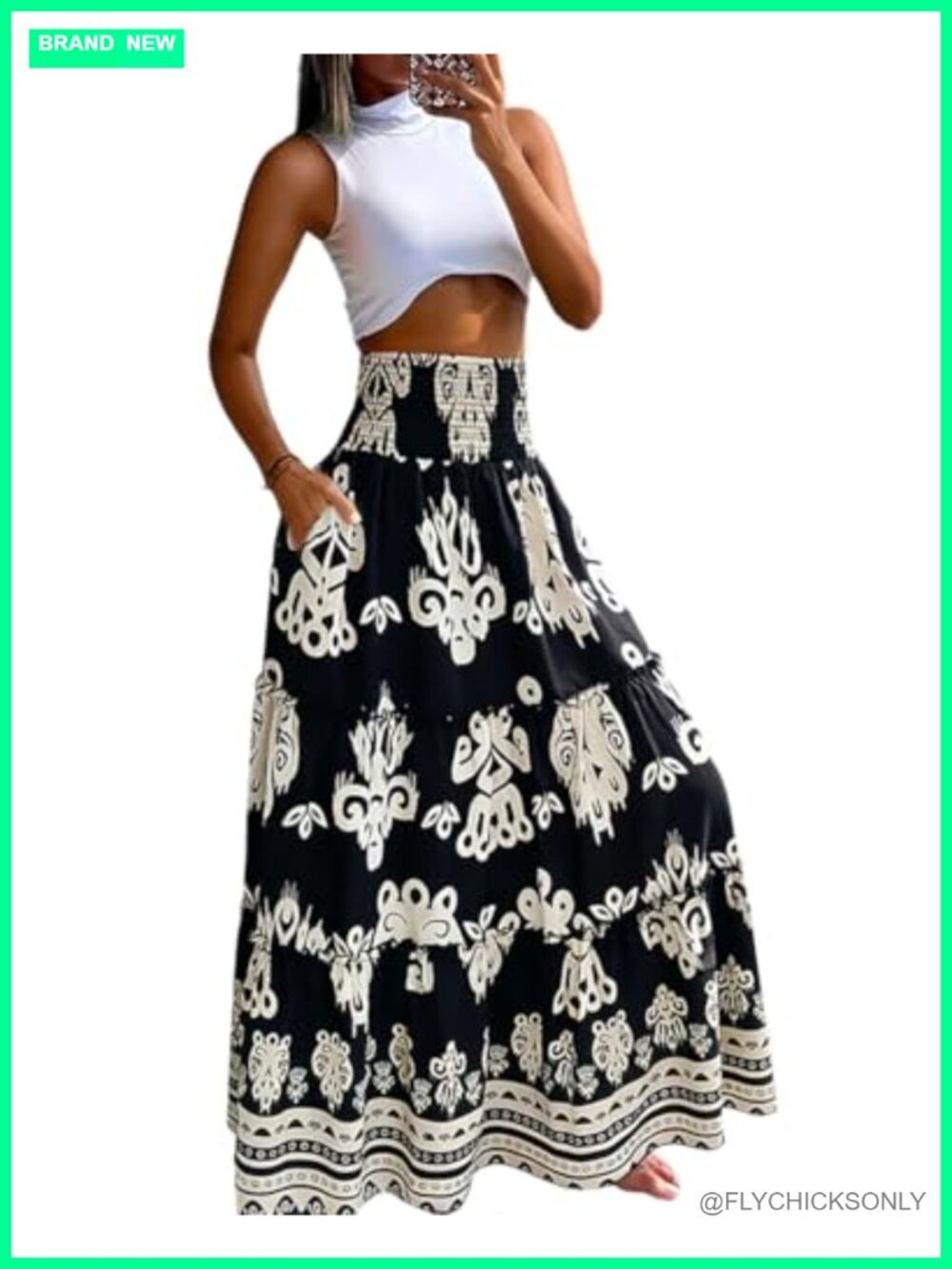 Viscose Boho Floral Maxi Skirt Tiered Ruffle Pockets Summer Vacation